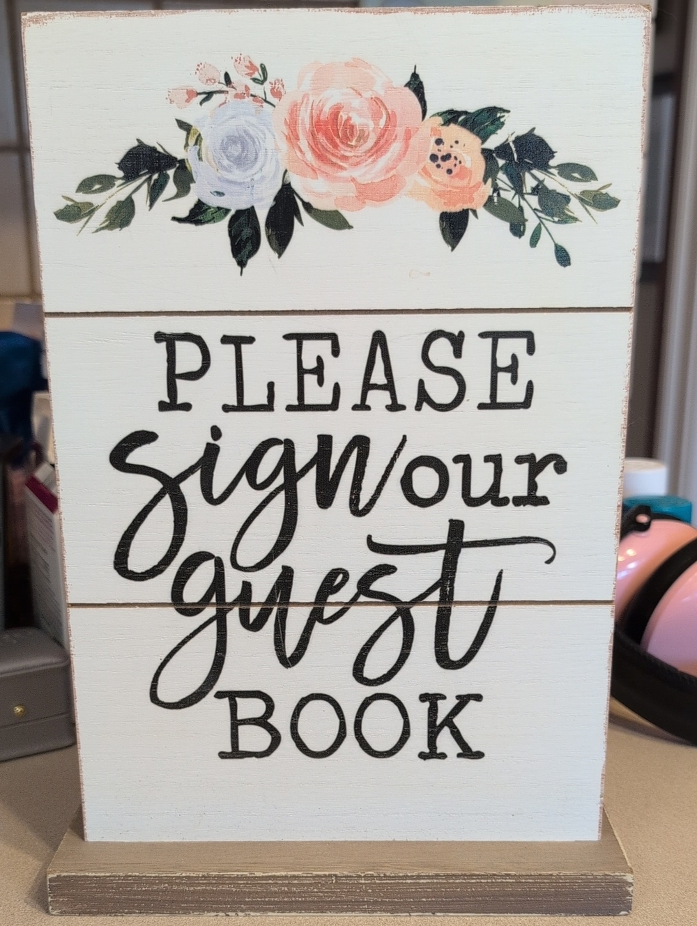 Please Sign Our Guest Book Decorative Sign - White with Floral Accent